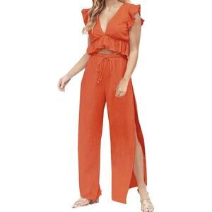 Deep V Neck Crop Top Side Slit Wide Leg Pants Outfit Womens Size XL Orange READ